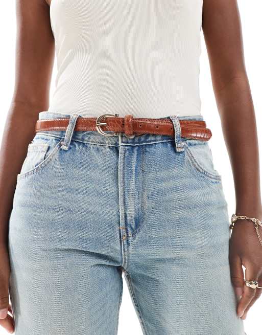 Mango - Ceinture effet croco à boucle ronde - Marron