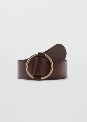 Mango - Ceinture en cuir avec boucle ronde dorée - Marron-Brown