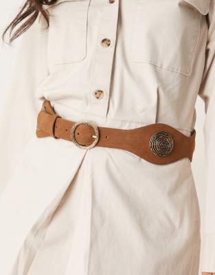 Mango - Ceinture en cuir avec emblème rose - Marron - view 1