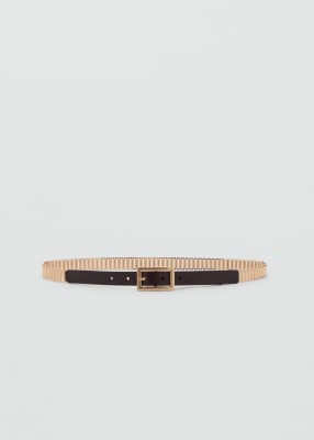 Mango - Ceinture fine en cuir à détail métallique - Marron-Brown