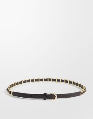 Ceinture fine en similicuir à détails métalliques - Marron L