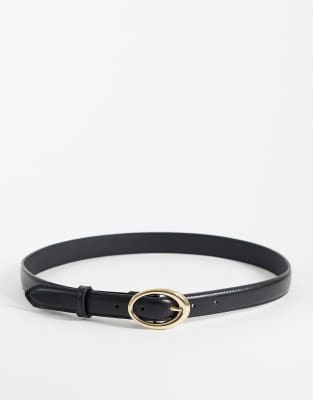Ceinture fine en similicuir avec boucle ovale - Noir L