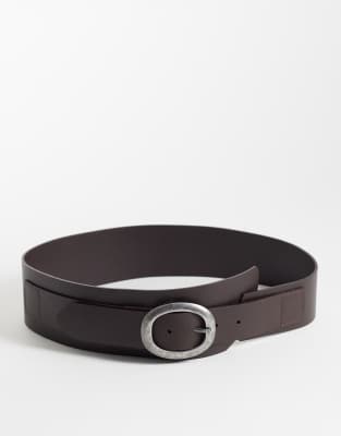 Mango - Ceinture large en cuir avec boucle argentée - Marron-Brown