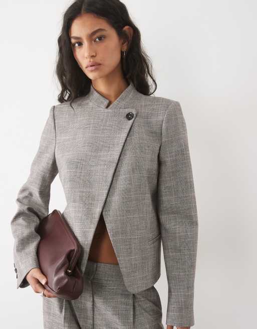 Mango Celia blazer co-ord con collo alto e dettagli con bottoni, stampa a quadri grigia, 1 di 4
