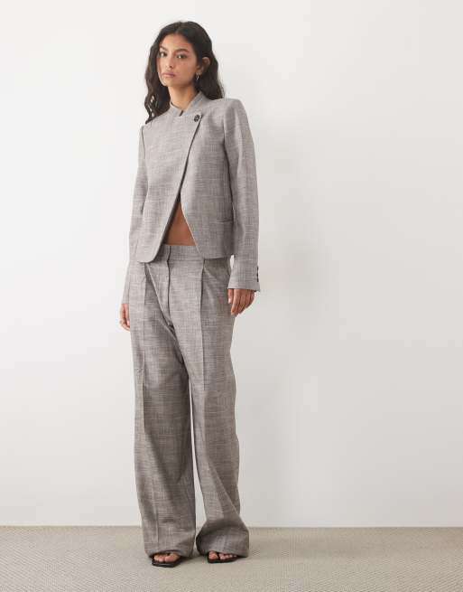 Mango Celia blazer co-ord con collo alto e dettagli con bottoni, stampa a quadri grigia, 2 di 4
