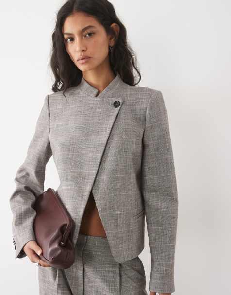 Mango Celia high neck button detail blazer set in gray check print - view 1
