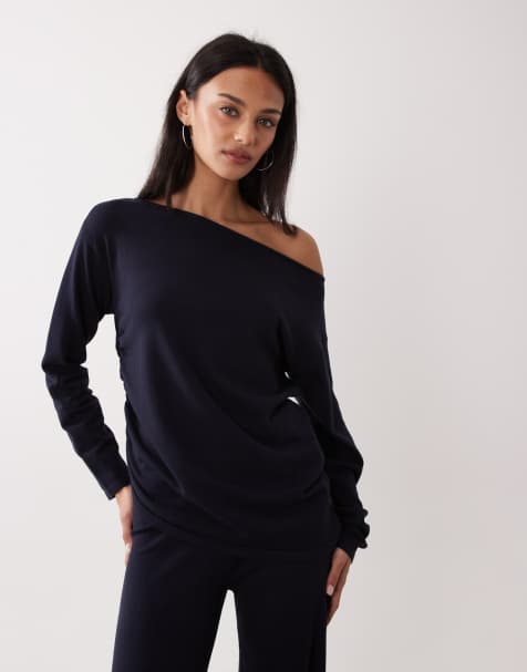 Mango Centollo boat neck long sleeve top co-ord in navy - view 1