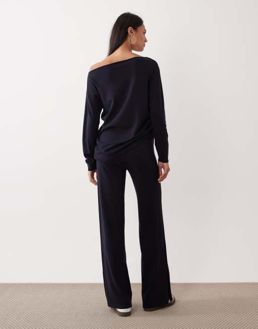 Mango - Centollo - Gebreide rechte broek in marineblauw, deel van co-ord set, 4 van 5