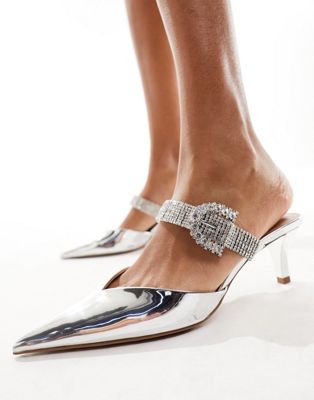 Mango heels with diamante buckle in silver - ASOS Price Checker