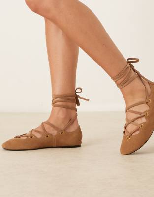 Mango - Chaussures plates à lacets en daim - Marron