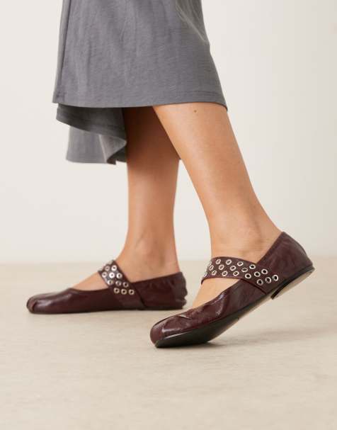 Mango - Chaussures plates en cuir avec bride à œillets - Rouge cerise - view 1