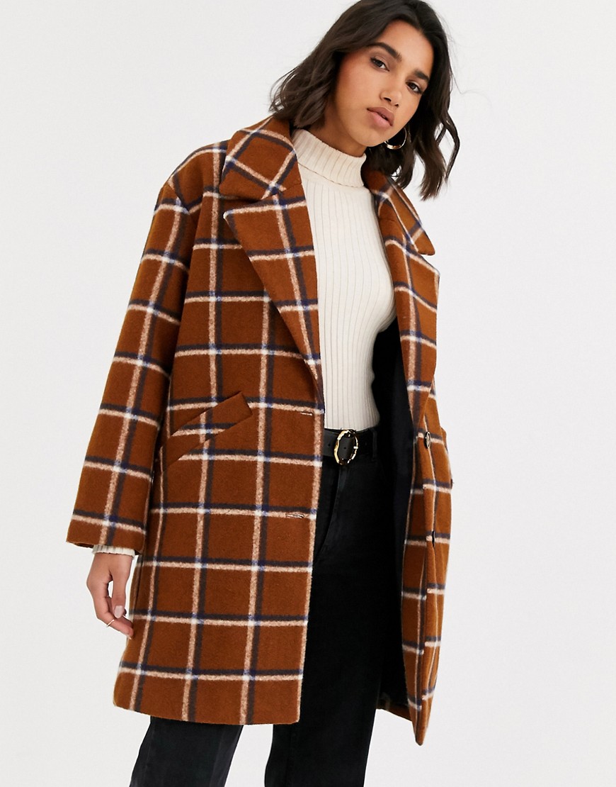 Mango check mid length coat in brown