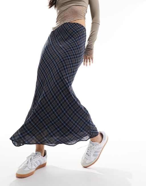 Mango check midi skirt in blue