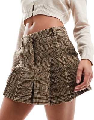 Mango check pleated mini skirt in beige