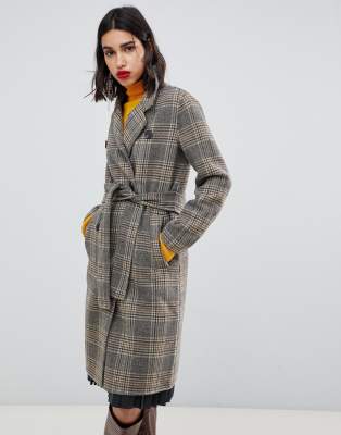 Mango check tie waist clean coat in brown | ASOS