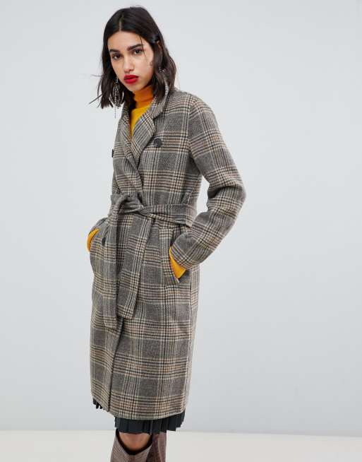 Mango check tie waist clean coat in brown