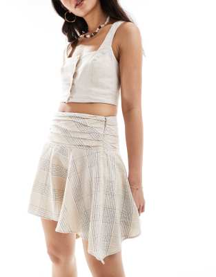 Mango Checked Ruched Waist Mini Skirt In Beige-neutral