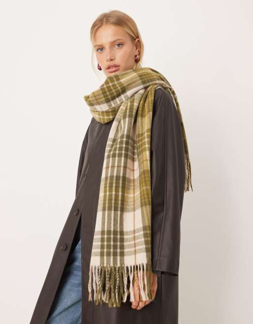 Mango checked scarf in khaki, 3 of 3