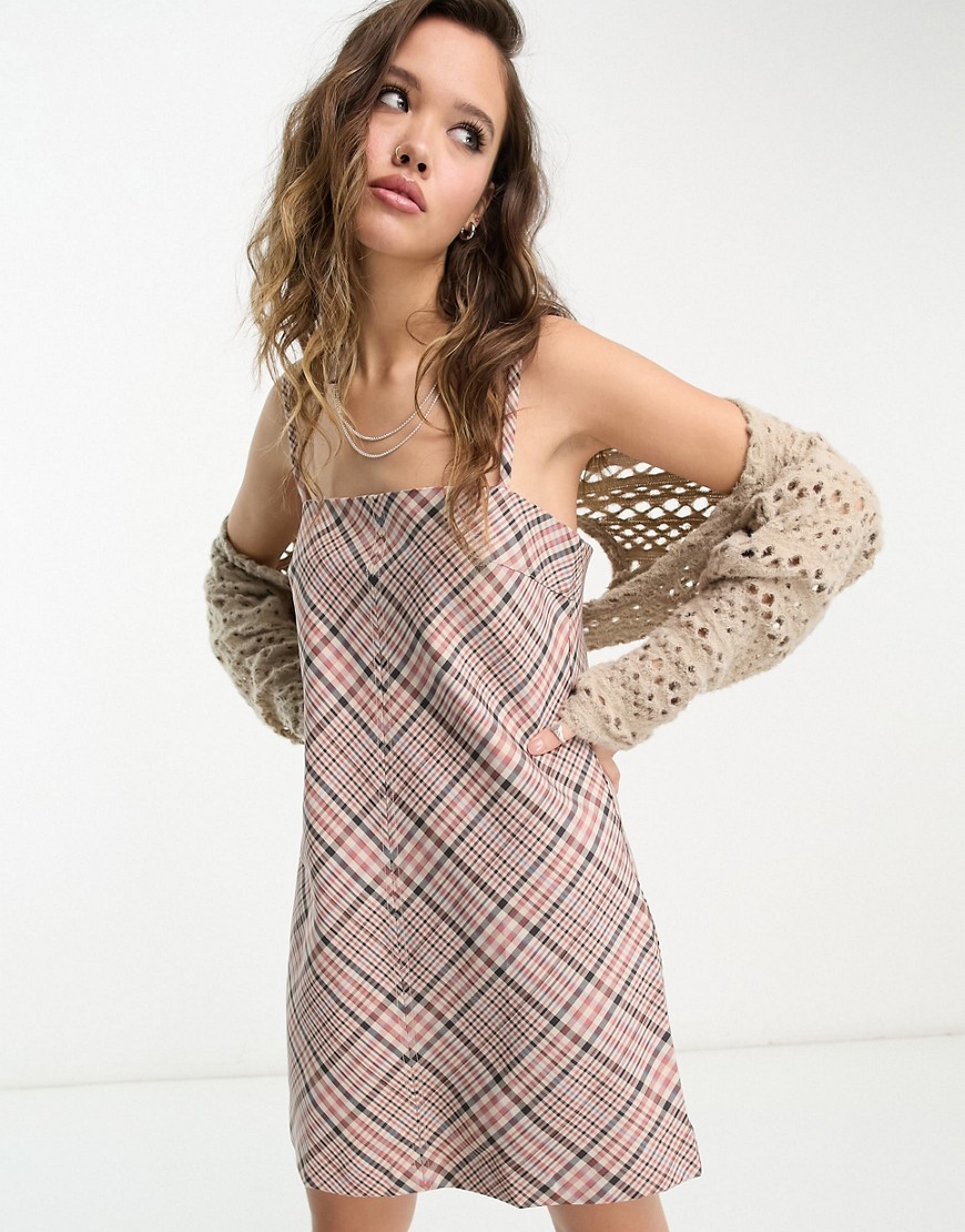 Mango checked strappy pinafore dress in pink