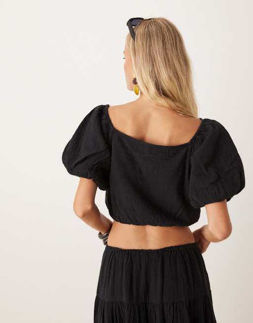Mango cheescloth off shoulder co-ord top in black , 3 of 4