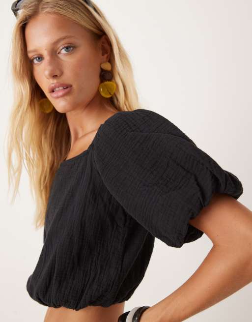 Mango cheescloth off shoulder co-ord top in black , 4 of 4