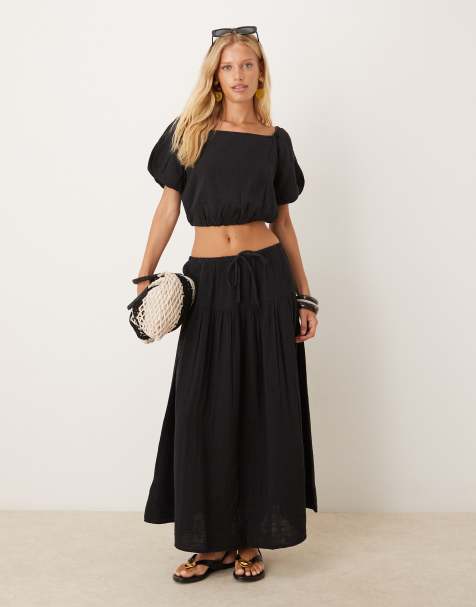 Mango cheesecloth drawstring cotton midi skirt co-ord in black - view 1