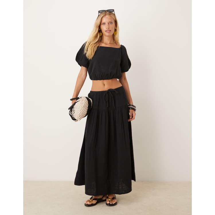 Mango cheesecloth drawstring cotton midi skirt co-ord in black ASOS