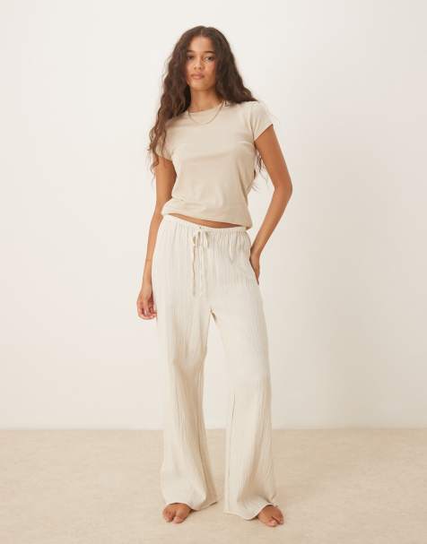 Mango cheesecloth pull on pyjama trouser in light beige - view 1