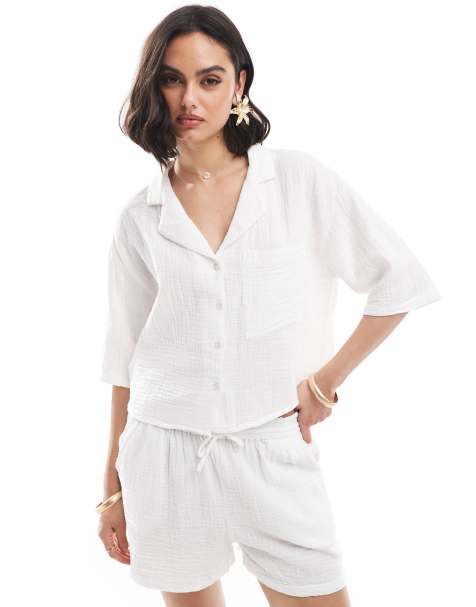 Mango cheesecloth short sleeve co-ord shirt in white - view 1