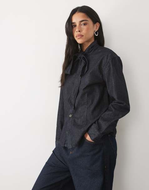 Mango chemise à col montant avec détail à nouer au cou en indigo - view 1