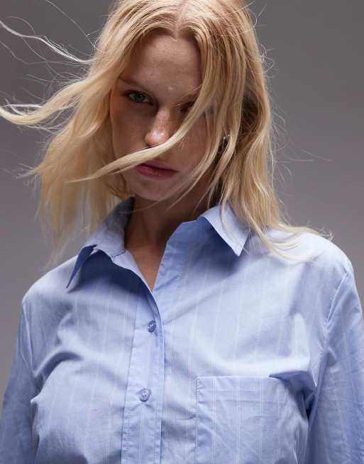 Mango Chemise cintrée à la taille à fines rayures Bleu clair