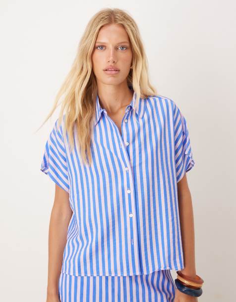 Mango - Chemise d'ensemble à rayures et manches courte - Bleu et rose - view 1