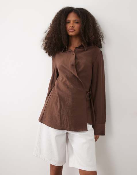 Mango - Chemise en lin mélangé à manches longues et liens à nouer sur le côté - Marron - view 1