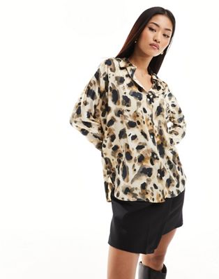 Mango abstract leopard print satin shirt in beige - ASOS Price Checker