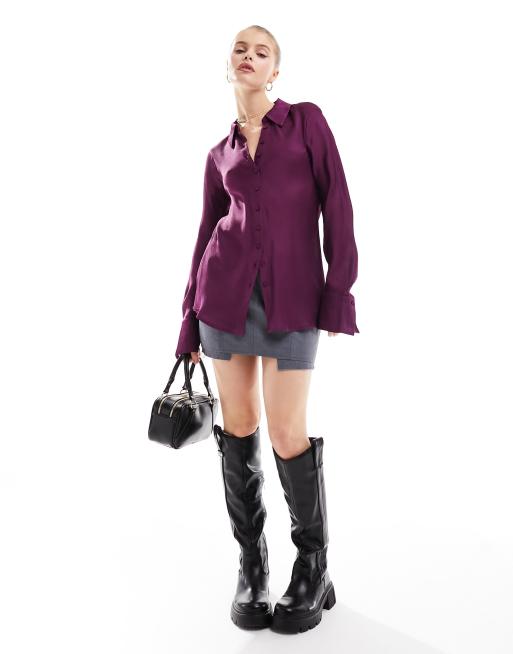 Chemise femme fashion sexy cintrée manches longues couleur violet