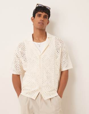 Mango - Chemise manches courtes avec col en maille de coton au crochet - Blanc