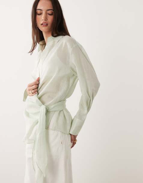 Mango - Chemise nouée à la taille en ramie - Vert pâle - view 1