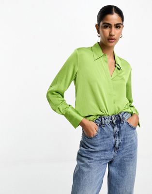 Mango classic fit satin collared shirt in bright green - ASOS Price Checker