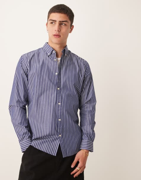 Mango - Chemise standard en coton rayé - Bleu - view 1