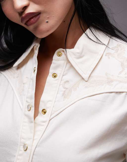 Chemise Mango Style Western Brodée - 100% Coton, Taille 38, Bleue Rayée, Neuve Avec étiquette