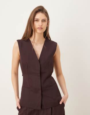 Mango - Cherry - Gilet de costume d'ensemble sans manches à col V et détail noué - Rouge foncé