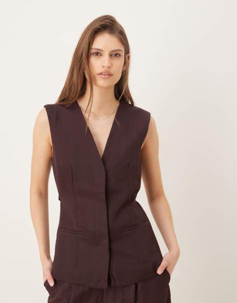 Mango - Cherry - Gilet de costume d'ensemble sans manches à col V et détail noué - Rouge foncé - view 1