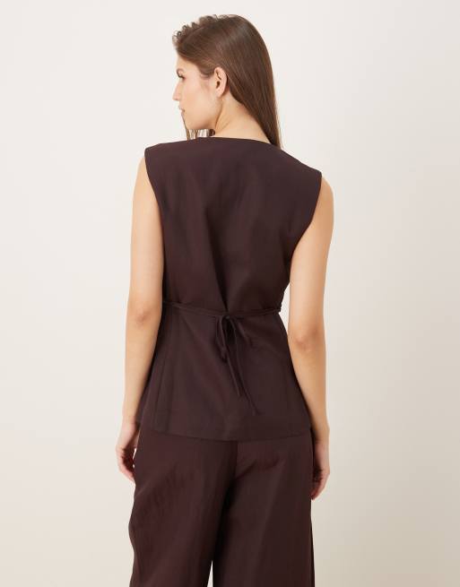 Mango - Cherry - Mouwloze top met V-hals en strikdetail in donkerrood, deel van co-ord set , 3 van 4
