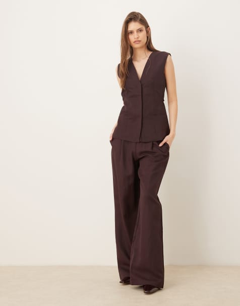 Mango Cherry sleeveless v-neck waistcoat & trouser co-ord with tie detail in dark red - view 1