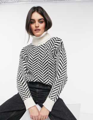 Mango chevron knit roll neck jumper in mono | ASOS