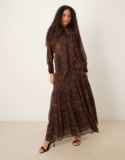 Mango chiffon blouse & skirt with neck tie co-ord in paisley print - view 1
