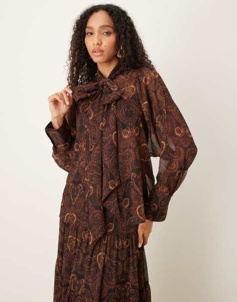 Mango chiffon blouse with neck tie co-ord in paisley print - view 1