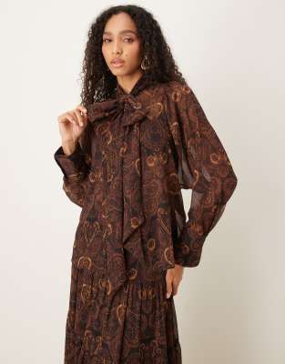 Mango Chiffon Blouse With Neck Tie In Brown