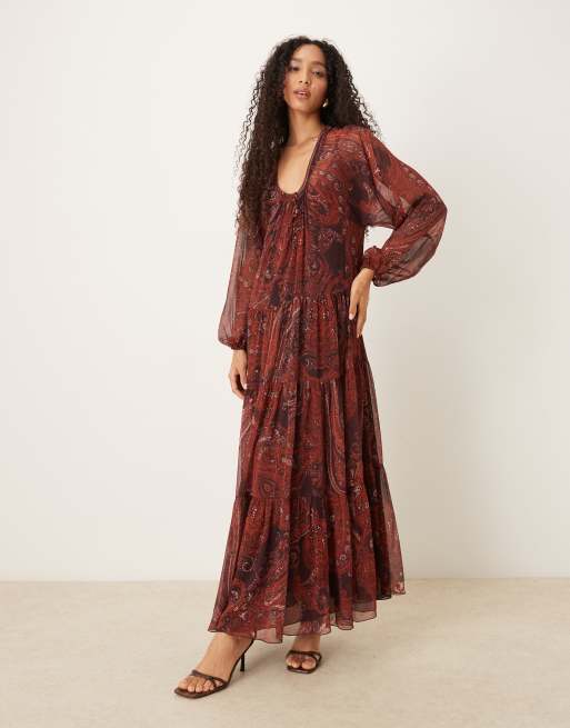 Mango chiffon maxi dress in rust paisley print