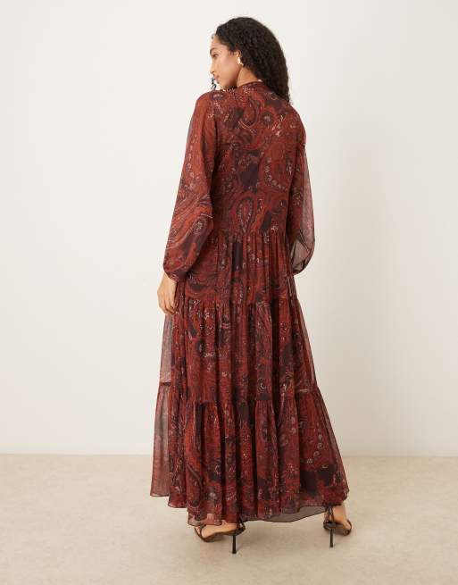 Mango chiffon maxi dress in rust paisley print